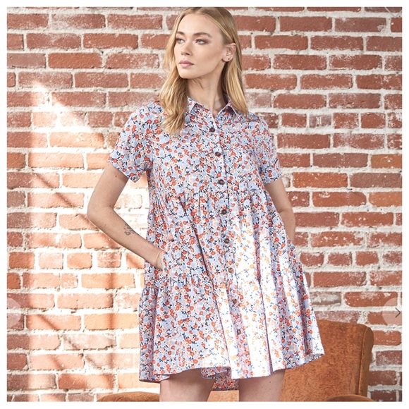 46 Boho Basic Collared Floral Short Sleeve Tiered Dress - Picture 6 of 10